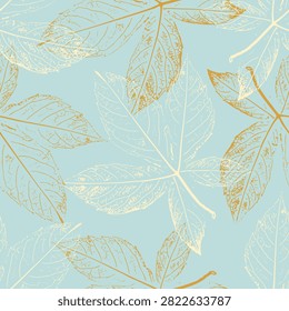 Wild grape leaves skeleton stamp prints seamless pattern in light blue, ocher and beige palette for delicate summer textile, organic cosmetics packaging, wellness branding and coastal home decor.