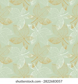  Wild grape leaves skeleton stamp prints seamless pattern in sage green, ocher and white palette for organic cosmetics packaging, winery branding, textile design and home decor.