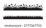 Wild Grass Border Silhouette Set with Flowers, Butterflies and Nature Elements Vector Illustration