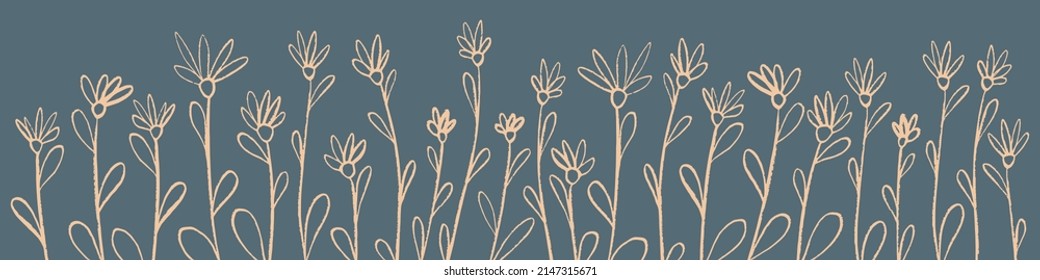Wild grass and flowers on gray background. Hand drawn floral objects. Vector illustration.