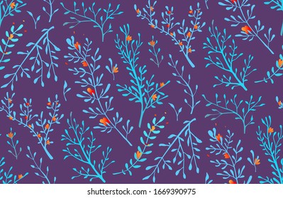 Wild grass and herbs seamless pattern background romantic design for weddings invitation fabric print. Floral repetitive design electric blues and lavender herbal watercolor style vector pattern.