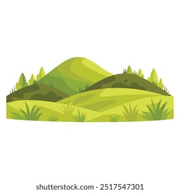 Wild grass hills grassland landscape outdoors isolated flat vector illustration on white background