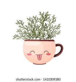 Wild grass in a mug with a cute face. Vector illustration on white background.