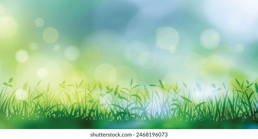 Hierba silvestre en una mañana de primavera, prado de primavera brillante, Ilustración vectorial, efecto bokeh