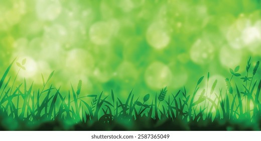 Wild grass on a spring morning, bright spring meadow, vector illustration, bokeh effect