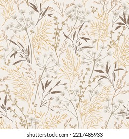 Wild grass seamless pattern. Natural beige tones. Vector botanical illustration. Flowering background for wallpaper. Reeds, pampas grass, dried grass. Engraving style. 