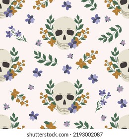 Wild grass seamless patterns, mystical vector skull repeating background. Floral digital paper