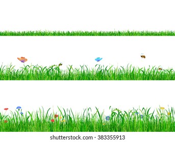 Wild Green grass backgrounds borders with flowers, butterflies and bees.