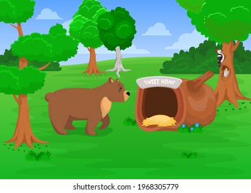 Wild grizzly bear going to den. Cartoon vector illustration. Cute wild bear walking to sweet home, nest with baby birds in tree in background. Nature, wild animal, zoo, home concept for banner design