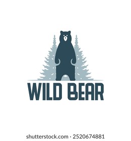 wild grizzly bear with pine trees logo design vector illustration