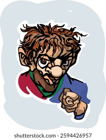 Wild haired chap with left hand that makes the sign of the Manu Fico