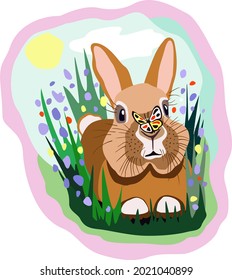 Wild hare with butterfly on his nose, grass and blue flowers around.