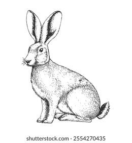 Wild Hare, Hand-Drawn Vector, Graphic Style, Cartoon Illustration, Black and White, Sketch Style, Isolated on White Backgroun