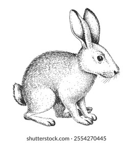 Wild Hare, Hand-Drawn Vector, Graphic Style, Cartoon Illustration, Black and White, Sketch Style, Isolated on White Backgroun