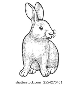 Wild Hare, Hand-Drawn Vector, Graphic Style, Cartoon Illustration, Black and White, Sketch Style, Isolated on White Backgroun