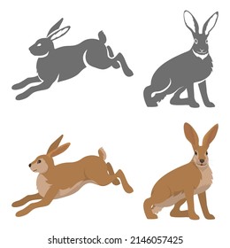 Wild hare or rabbit is jumping. Cute Bunny runs away. cute bunny is standing. Vector illustration.