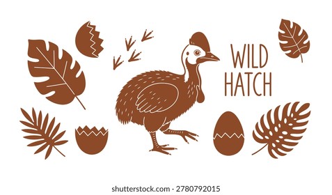 Wild hatch illustration set featuring a baby cassowary silhouette, monstera leaves, cracked eggshells, and bird footprints in a minimalist brown design on a white background.