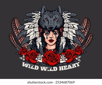 Wild heart American gothic vector poster design. Wild west style. Pretty cowgirl in headdress decorated wolf head and feathers, moth, roses and cactus. Vintage Western grunge background with lettering