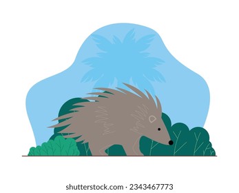 Wild hedgehog looking for something to eat, roaming around his nest, jungle vector illustration.