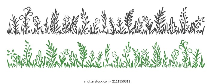 Hierba silvestre, flores y hierba de la mano dibujadas en forma de doodle.Ilustración vectorial.Hecha a mano.Flores y hierba silvestres en una línea para el marco.Líneas negras y verdes sobre fondo blanco.