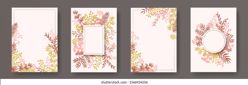 Wild herb twigs, tree branches, flowers floral invitation cards set. Plants borders rustic cards design with dandelion flowers, fern, lichen, eucalyptus leaves, sage twigs.