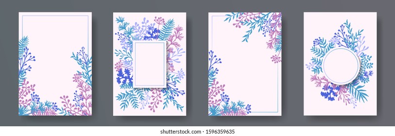 Wild herb twigs, tree branches, leaves floral invitation cards collection. Plants borders elegant invitation cards with dandelion flowers, fern, mistletoe, eucalyptus leaves, sage twigs.