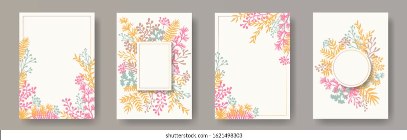 Wild herb twigs, tree branches, flowers floral invitation cards collection. Bouquet wreath romantic invitation cards with dandelion flowers, fern, lichen, olive tree leaves, sage twigs.