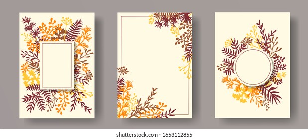 Wild herb twigs, tree branches, flowers floral invitation cards set. Plants borders rustic cards design with dandelion flowers, fern, mistletoe, olive branches, savory twigs.