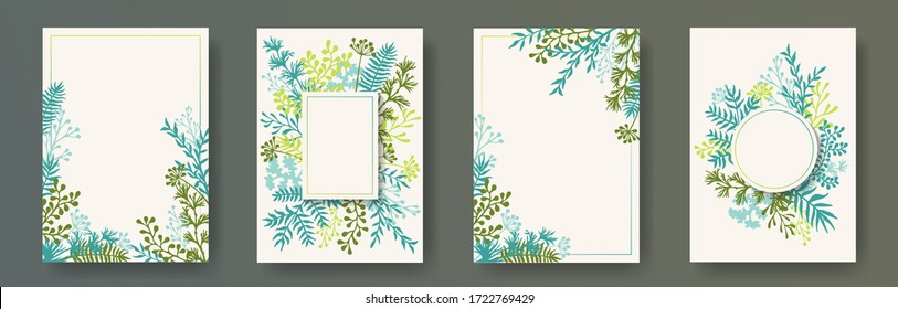 Wild herb twigs, tree branches, leaves floral invitation cards set. Herbal corners vintage invitation cards with dandelion flowers, fern, lichen, eucalyptus leaves, savory twigs.