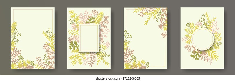 Wild herb twigs, tree branches, flowers floral invitation cards set. Bouquet wreath romantic invitation cards with dandelion flowers, fern, lichen, olive branches, sage twigs.