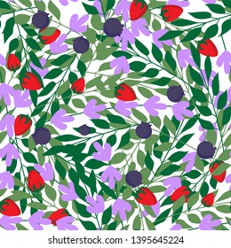 Wild Herbal leaves and berries seamless pattern , Fashion, interior, wrapping consept. Contemporary vector illustration on white background