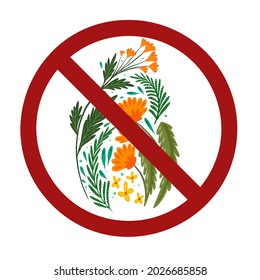 Hierbas silvestres y flores en señal de prohibición. Peligro de plantas venenosas. Está prohibido picar flores. Ilustración plana de la hierba dibujada a mano en el signo de prohibición para pegatinas, insignias y pasadores