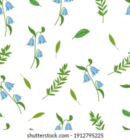 Wild herbs seamless pattern. Cartoon green leaves and blue flowers on white background. Vector hand drawn illustration.