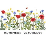 Wild herbs. Wildflowers in summer. Red poppies, cornflowers, forget-me-nots, yellow buttercups, ferns, butterflies, bees