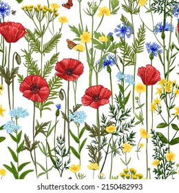 Wild herbs. Wildflowers in summer. Red poppies, cornflowers, forget-me-nots, yellow buttercups, ferns, butterflies, bees