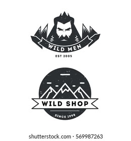 Wild hipster vintage 2 logo set for clothing brand or barbershop with mountains and beard men