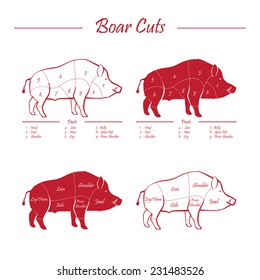 Wild hog, boar game meat cut diagram scheme - elements set red on white background