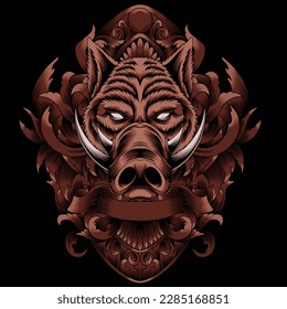 wild hog illustration with baroque ornament
