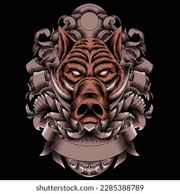 wild hog illustration with baroque ornament