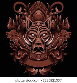 wild hog illustration with baroque ornament