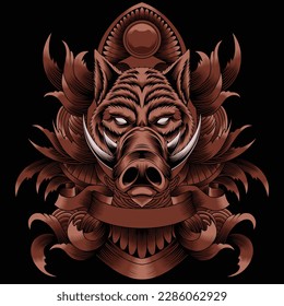wild hog illustration with baroque ornament