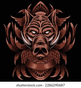wild hog illustration with baroque ornament