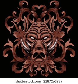 wild hog illustration with baroque ornament