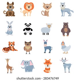Wild and home animals set of donkey fox sheep rabbit isolated vector illustration