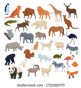 Wild home pets set. Wild animals bison elephant fox rhinoceros deer polar bear arctic fox, color cartoon vector, panda giraffe lion, elk, chimpanzee and domestic dog, cat, horse, duck, donkey.