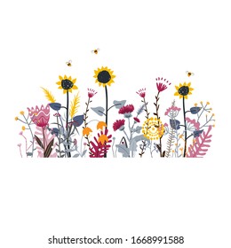 Wild and honey meadow flowers scene. Vector nature background with hand drawn wild herbs, flowers and leaves on white. Doodle style floral illustration.