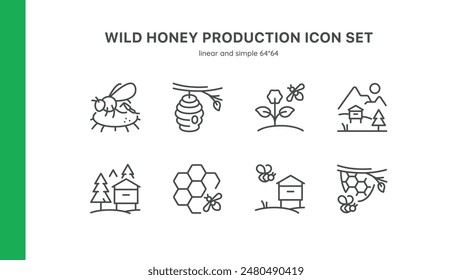 Wild Honey Production Vector Icons Set. Forest Beekeeping, Natural Hives, Bees, Flowers, Honeycomb, and Mountain Apiaries. Editable Linear Symbols Collection on White Background.