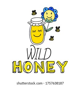 Wild honey. Smiling glass jar with a blue flower, bees and the inscription.