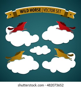 Wild horse colored isolated icon set with multicolored horses on coluds on blue background vector illustration