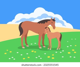 Wild horse and foal in the green flower meadow in front of a cloudy blue sky. Vibrant colorful flat stylized illustration. Natural landscape